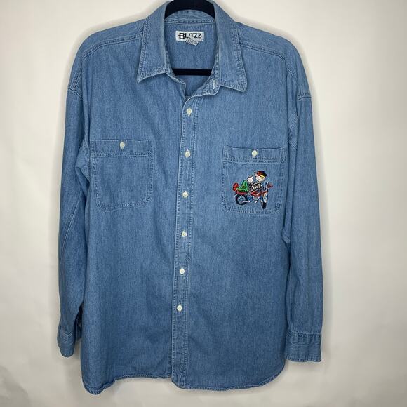 Embroidered Chambray Button Up Shirt Sz XL Cotton - Picture 1 of 5